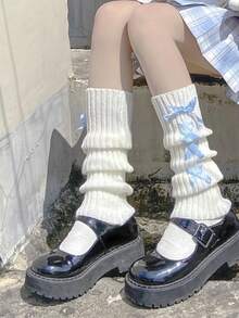 1 par de calentadores de piernas japoneses rayados en blanco y azul estilo JK con hermoso diseño de cordón cruzado, para invierno - Blanco - Ver 2