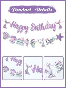 1pc Purple Mermaid Dinosaur Birthday Banner Pull Flag, Purple Mermaid Theme Birthday Party Room Wall Background Decoration Supplies, Favorite Mermaid Style Party Favor, Birthday Gift, Birthday Decor, Home Decor Wall Decor