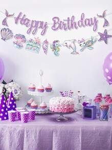 1pc Purple Mermaid Dinosaur Birthday Banner Pull Flag, Purple Mermaid Theme Birthday Party Room Wall Background Decoration Supplies, Favorite Mermaid Style Party Favor, Birthday Gift, Birthday Decor, Home Decor Wall Decor