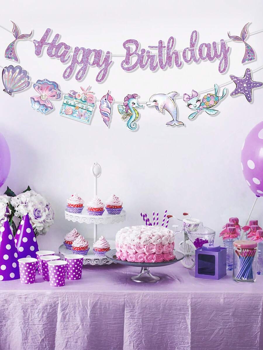 1pc Purple Mermaid Dinosaur Birthday Banner Pull Flag, Purple Mermaid Theme Birthday Party Room Wall Background Decoration Supplies, Favorite Mermaid Style Party Favor, Birthday Gift, Birthday Decor, Home Decor Wall Decor