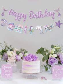 1pc Purple Mermaid Dinosaur Birthday Banner Pull Flag, Purple Mermaid Theme Birthday Party Room Wall Background Decoration Supplies, Favorite Mermaid Style Party Favor, Birthday Gift, Birthday Decor, Home Decor Wall Decor