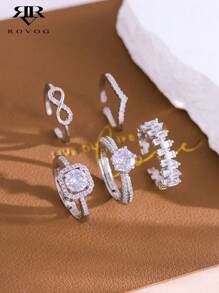 Ensemble de 5 bagues en cuivre avec zircone élégante, géométrique, de luxe et personnalisée pour les femmes, pour des mariages et des fêtes