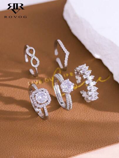 مجموعة خواتم نسائية من النحاس مرصعة بالزركون الهندسية الأنيقة والشخصية لحفلات الزفاف المترفة، مكونة من 5 قطعرمضان