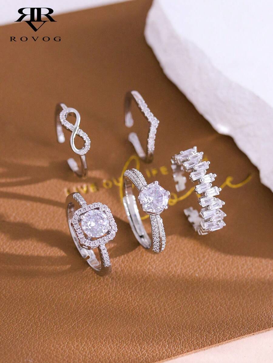Ensemble de 5 bagues en cuivre avec zircone élégante, géométrique, de luxe et personnalisée pour les femmes, pour des mariages et des fêtes