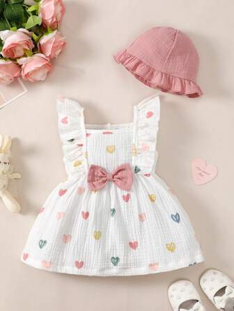 Baby/Baby Girl Heart Ruffle Bowknot Sleeveless Dress + Cute Hat 2pcs/Set, Comfortable Versatile Summer Casual Dress
