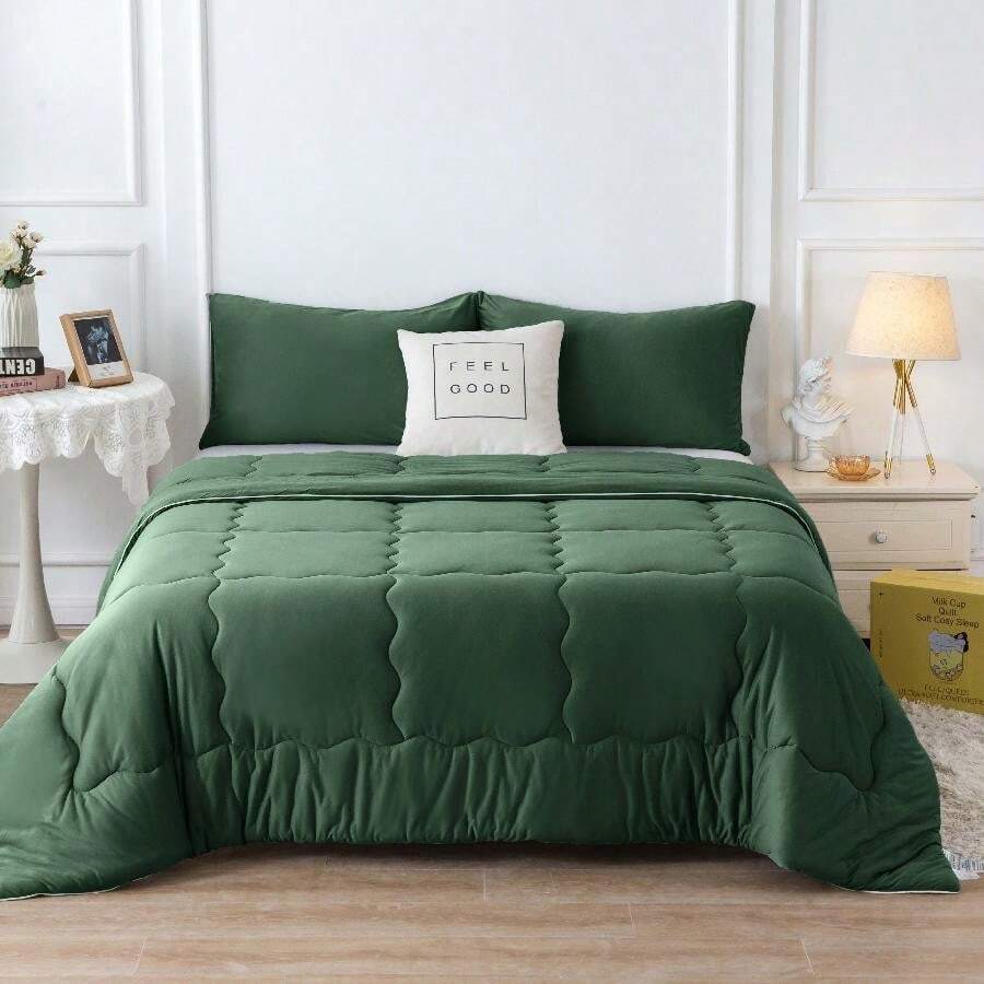 Nice Reversible Ultra-Soft Bedding Comforter Set - Jersey Knit T-Shirt Feeling - Cute Fluffy Lightweight Bedding Down Blanket Quilt With Pillowsham For Man Women Girl All Season Use - Twin / TWIN XL FULL QUEEN KING CAL KING Size - Rose Pink Purple Blue White Grey Blue Yellow Olive Emerald Green - 橄欖綠 - 查看 1