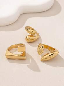 3入組幾何中空金色戒指套裝，時尚簡約風格 - 金黃色 - 查看 4