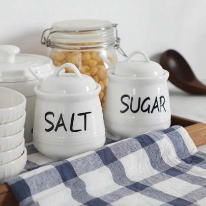 Salt And Sugar, Pepper Bowl With Cover And Spoon -12 Oz Ceramic Seasoning Cellar Set, Seasoning Salt And Sugar Storage Container 1/3 Set, Countertop C