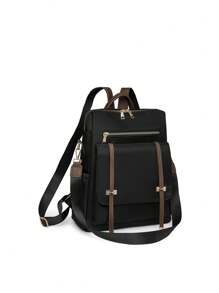 ZMBAG Women's Fashionable Square Nylon Backpack With Flap Cover, Large Capacity College Style Student Backpack, School Backpack - Black - View 5