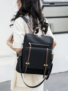 ZMBAG Women's Fashionable Square Nylon Backpack With Flap Cover, Large Capacity College Style Student Backpack, School Backpack - Black - View 4