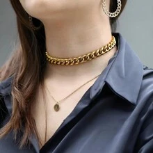 1pc Minimalist Waterproof Hip Hop Choker Necklaces 9MM 18K Gold Plated Stainless Steel Cube Chain Necklace Mother's Day Gift Women Party Chunky Jewelry