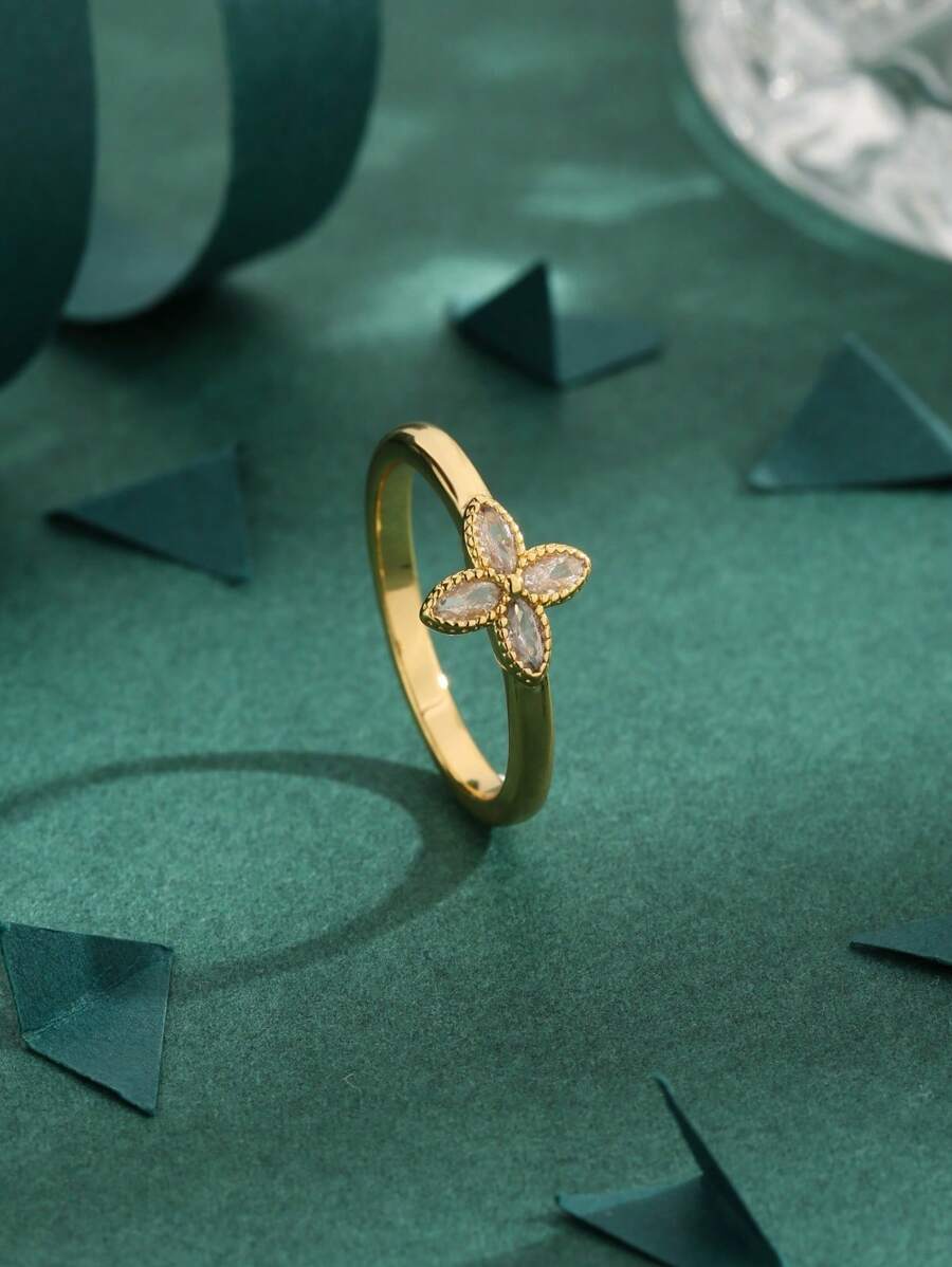 1 件高品质欧美个性化立方氧化锆 18K 镀金铜四叶草戒指女士礼物 - 戒指 - 查看 1