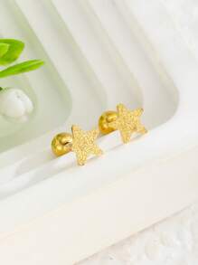 1pair Sandblasted Pentagram Stud Earrings Golden Plated Stainless Steel Star Girls Earrings For Small Delicate Party Jewelry For Daily Wear - Yellow Gold - View 3
