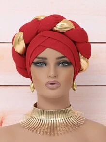 1件歐美風雙層邊波浪針織帽，配金色穗帶，適合女性穿搭時尚優雅 - 拼金色麻花辮 - 查看 17