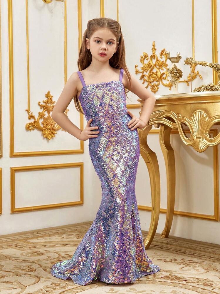 Robe de soirée longue jusqu'aux pieds pour jeune fille avec queue de sirène scintillante de diamants et de paillettes. Avec des bretelles larges, ajustée, idéale pour les occasions spéciales. Fait briller la jeune fille à chaque événement. | Mode en ligne | SHEIN FRANCE