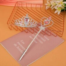 Set de joyas de 1 pieza que incluye diadema de corona de princesa con diamantes de imitación y varita mágica para fiestas de niñas - Multicolor - Ver 2