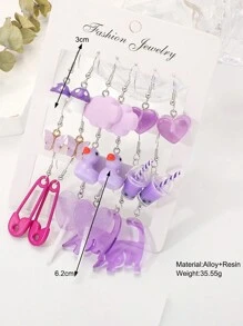 9 对/套儿童趣味紫心、蝴蝶、云朵、蘑菇、棒棒糖、恐龙亚克力耳环套装带别针、多巴胺耳环，适合女孩情人节、妈妈、母亲、母亲节、礼物 - 彩色 - 查看 2