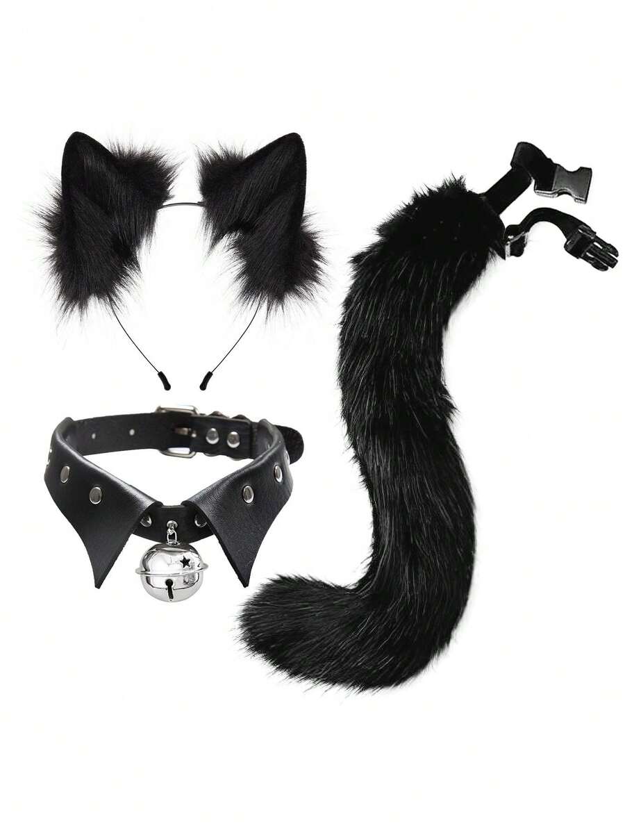 Bộ vòng cổ cá nhân hóa phong cách Y2K Phụ kiện nhập vai hành động thực tế Vòng cổ Gothic Punk Băng đô tai cáo Tai & đuôi động vật Đạo cụ cosplay - màu đen - Xem 1