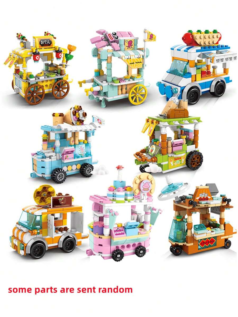 1入組街景建築模型/微小型微粒建築積木玩具,創意有趣的臭豆腐車/章魚小丸子車/冰淇淋車/新鮮果汁車/烤栗子車/熱狗面包車/串燒車/甜點車結構拼圖裝配,學習益智遊戲