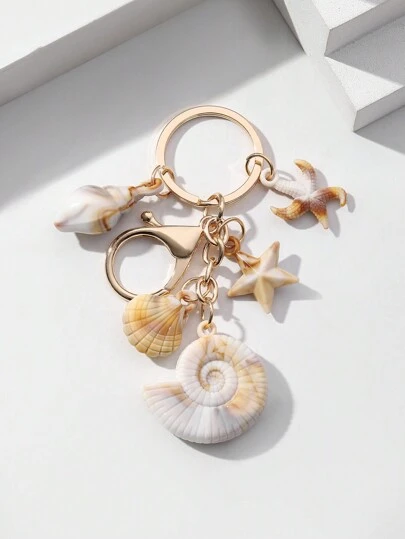 ROMWE Kawaii 1pc Unisex Natural Dual-Tone Seashell Keychain, Cloud Spiral Shell & Starfish Pendant, Summer Beach Series Gift For Friends, Keychain Accessory