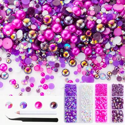 2 Boxes Mixed Size 4mm-8mm AB Color Round Flat Back Pearls & Resin Rhinestones, Suitable For Handmade Crafts, Facial Decorative Arts