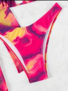 Conjunto De Bikini De Varios Piezas Con Estampado Floral,Sujetador Con Cordones Y Bottom Fruncida,Conjunto De Tankini Fruncido Con Cordón Y Estampado Floral,Traje De Baño Separado De Varias 4 Piezas - Rosa Fucsia - Ver 6