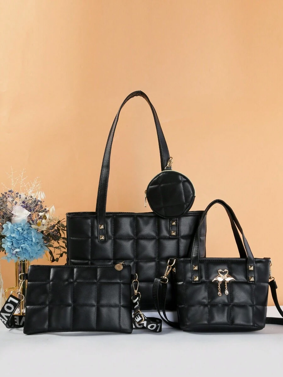 Women Bag Sets Ruched Blok Warna Adjustable Casual - Hitam - View 1