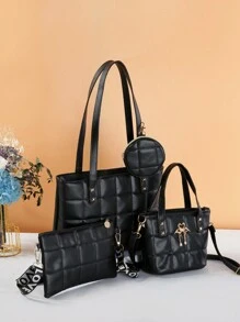 Women Bag Sets Ruched Blok Warna Adjustable Casual - Hitam - View 3