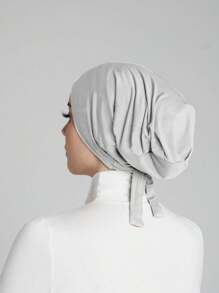 1pc Solid Color Simple Fashion Skin-Friendly Comfortable Tie Strap Turban Hijab Cap, Without Brim, Suitable For Daily Life And Outdoor Activities For Women - Light Grey - View 3