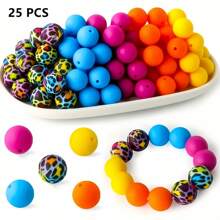 25pcs 15mm Silicone Solid Colorful Pattern Round Loose Beads For Jewelry Making DIY Special Key Bag Chain Pens Decors Bracelet Necklace Lanyards Beaded Craft Supplies