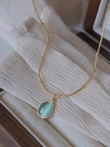 1pc Minimalist Stainless Steel Bohemian Turquoise Oval Pendant Necklace, Suitable For Daily Wear - Yellow Gold - View 3