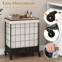 Laundry Hamper, 110L Large Capacity Handwoven Rattan Laundry Basket With Lid & Lockable Wheels, 2 Section Clothes Hamper With Handle & Removable Liner Bag, Rattan Weaving Laundry Basket For Laundry Room, Bathroom Organization - Black - View 5