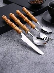 30 件套不锈钢餐具套装，带天然竹柄，学校用品，圣诞礼物 - 銀色 - 查看 5