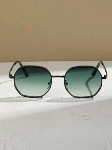 015068863-0009-SX2358 1 件夏季男士金属效果眼镜，几何多边形设计户外/室内时尚街头佩戴眼镜，适合女士，黑色/金色/银色/棕色镜框，适合所有季节，厚镜框带通风孔（随机附赠 PU 眼镜盒或纸盒） - 黑框漸層橄欖綠鏡片 - 查看 3