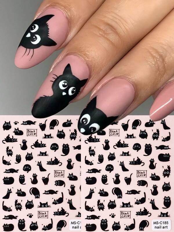 FULL BEAUTY 2 buc. Autocolante de unghii cu pisică neagră drăguță, autocolante autoadezive pentru unghii cu animale din desene animate 3D, glisoare, decorațiuni, accesorii pentru manichiură, bricolaj