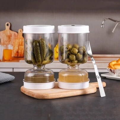 GCTECHING 1pc Pickle Container With Strainer Wet And Dry Separation Pickle And Olive Jar With Fork Leakproof Airtight Food Containers Upside Down Pickle Container Reusable For Food Storage Cucumber Olives