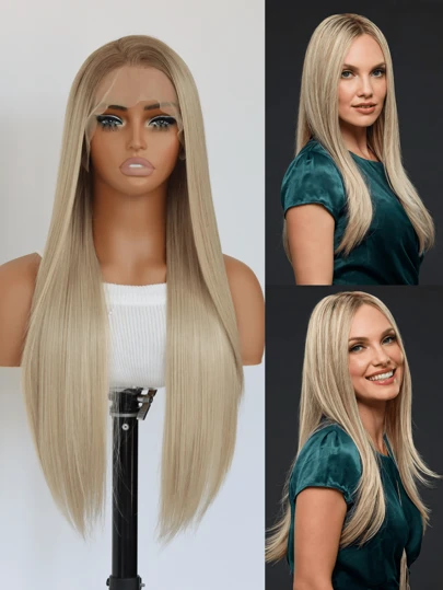 SALLYWELL Pelucas sintética recta larga rubia ceniza con degradado de color, peluca delantera de encaje 13x4 sin pegamento, resistente al calor y pre-arrancada