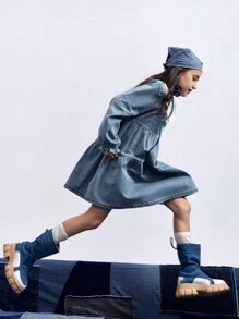 Annil Tween Girl Spring And Autumn Retro Lace Pattern Lapels Long Sleeve Denim Dress - Blue - View 4