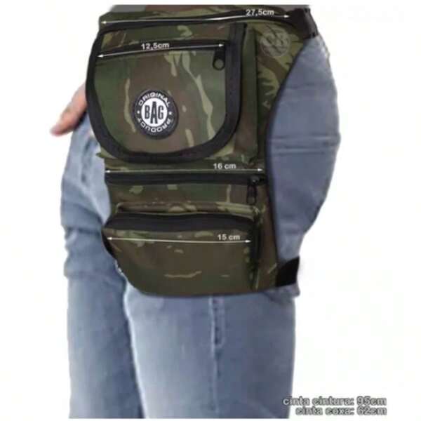 Pochete Cartucheira De Perna Masculina Tática - 5 Compartimentos, Resistente à Água, Material Poliéster/Lona, Cores Camuflada/Preta, Ideal para Motoboy, Rave, Camping, Pescaria