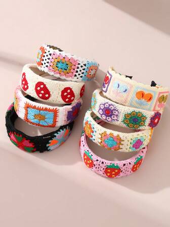 1pc Women's Handmade Knitted Headband, Sweet French Style With Colorful Cherry, Flower, Strawberry Fruit Print Pattern, Wide Edge Hair Hoop Suitable For Vacation (Random Color) Hair Accessories