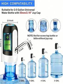 Dispensador de agua portátil recargable por USB, bomba de botella de agua eléctrica de 5 galones, botella de agua para botellas de agua universales de 2-5 galones (negro) - Negro - Ver 3