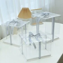 8-Inch Transparent Birthday Cake Box, Baking Party Gift Packaging Box With A Ribbon Of Approximately 3 Meters Wedding Party Gift Bags School Supplies Food Bag Food Box Suitable For Candy Chocolate Cookies Etc. - White - View 5