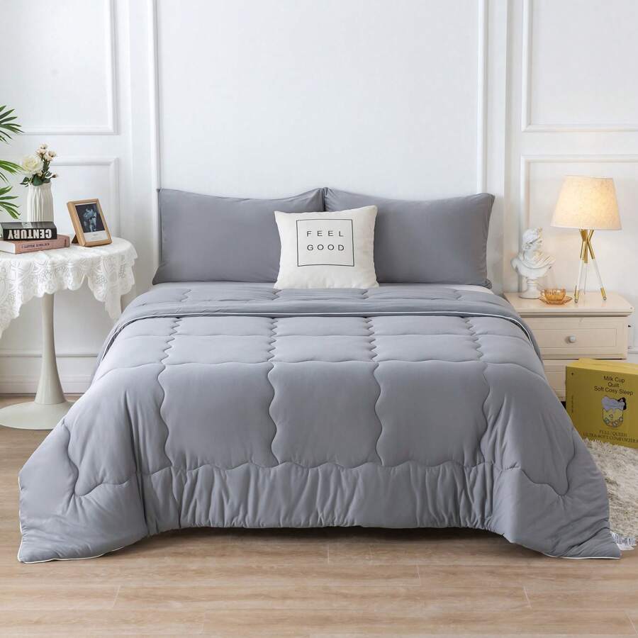 Nice Reversible Ultra-Soft Bedding Comforter Set - Jersey Knit T-Shirt Feeling - Cute Fluffy Lightweight Bedding Down Blanket Quilt With Pillowsham For Man Women Girl All Season Use - Twin / TWIN XL FULL QUEEN KING CAL KING Size - Rose Pink Purple Blue White Grey Blue Yellow Olive Emerald Green - 深灰色 - 查看 1