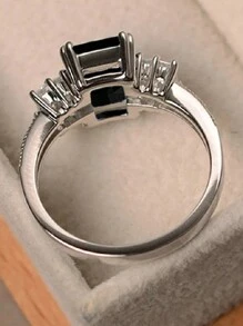 1pc Elegant Cubic Zirconia Ring, Women's Wedding Engagement Anniversary Jewelry Gift - Black - View 5