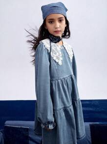 Annil Tween Girl Spring And Autumn Retro Lace Pattern Lapels Long Sleeve Denim Dress - Blue - View 2