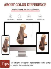 合成光环接发，24 英寸无夹直发接发，一体式假发，女士鱼线假发片（棕色混合金色） - 彩色 - 查看 8