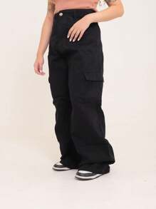Wide Leg Cargo Jeans - Black - View 2