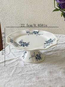 1pc Hand-Painted Flower Pattern Ceramic High Leg Tray, French Vintage Flower Jewelry Tray With High Aesthetic Value, Suitable For Restaurant, Living Room And Bedroom Use As Dessert Plate And Exquisite Cake Display Stand - Blue - View 2