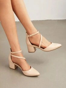 Women's Closed Pointed Toe Low Chunky Heels Pumps Ankle Strap Wedding Business Dressy Shoes - 杏色 - 查看 3