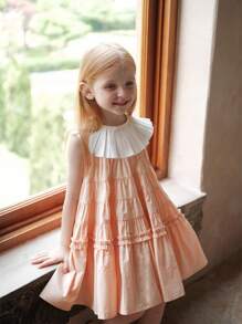 少女無袖翻領拼接連衣裙，可愛甜美公主裙 - 粉色 - 查看 3